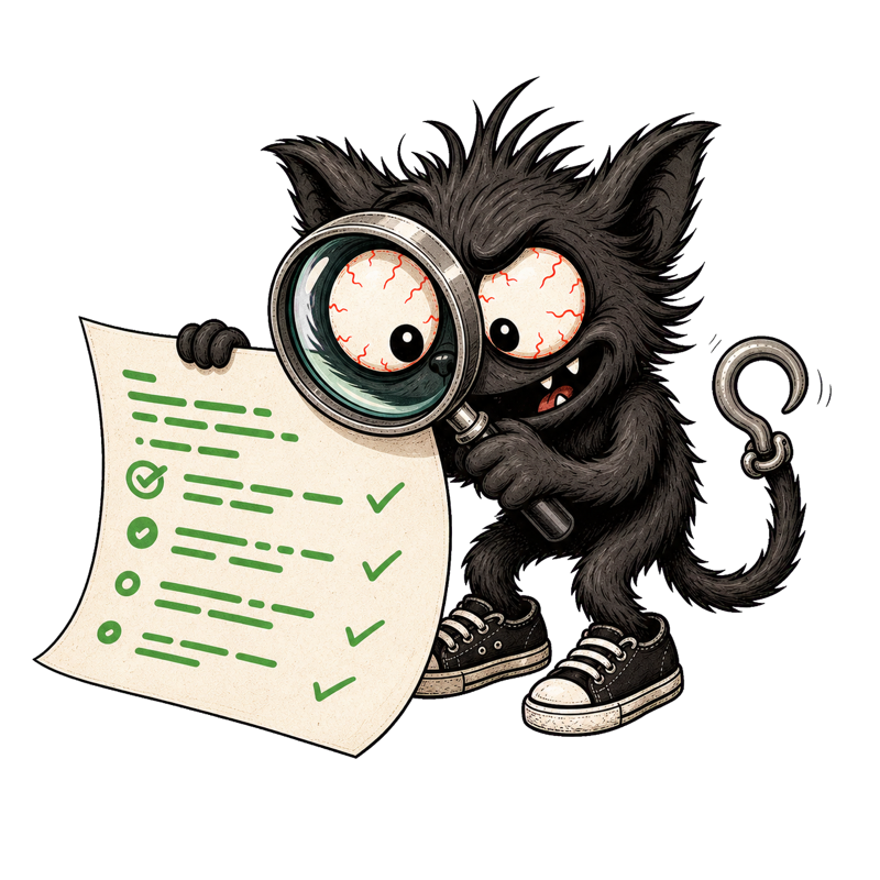 Hooky inspecting a rule with a magnifying glass